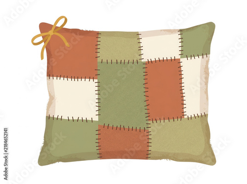 Coussin patchwork illustré avec ruban