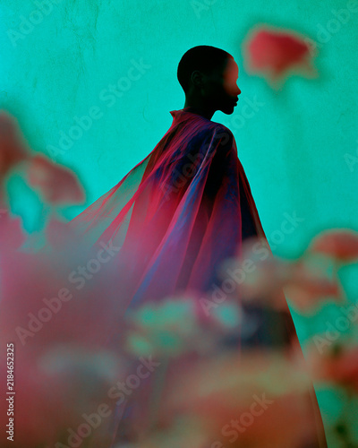 Elegant Profile Silhouette of a Black Female Model in Flowing Pink Cape Behind Blurred Flowers