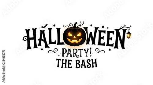 Halloween party the bash typographic design featuring a glowing pumpkin jack-o-lantern and hanging lamp