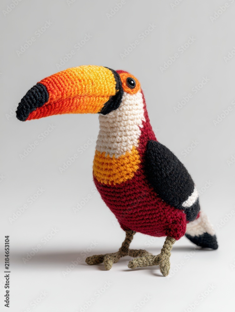 Fototapeta premium Handmade Crocheted Toucan Figurine With Colorful Yarn Texture On A Plain Light Grey Background