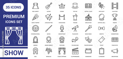 Set of 35 thin line icons representing theater, stage performance, and entertainment industry symbols on a white background, for event planning