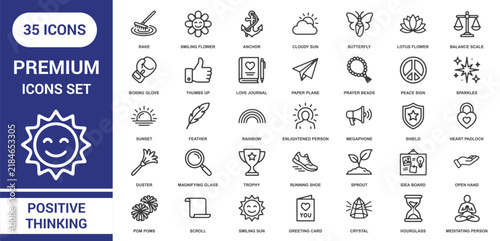 Set of thirty-five positive thinking and mindfulness line icons featuring inspirational symbols, nature personal growth, and wellness concepts