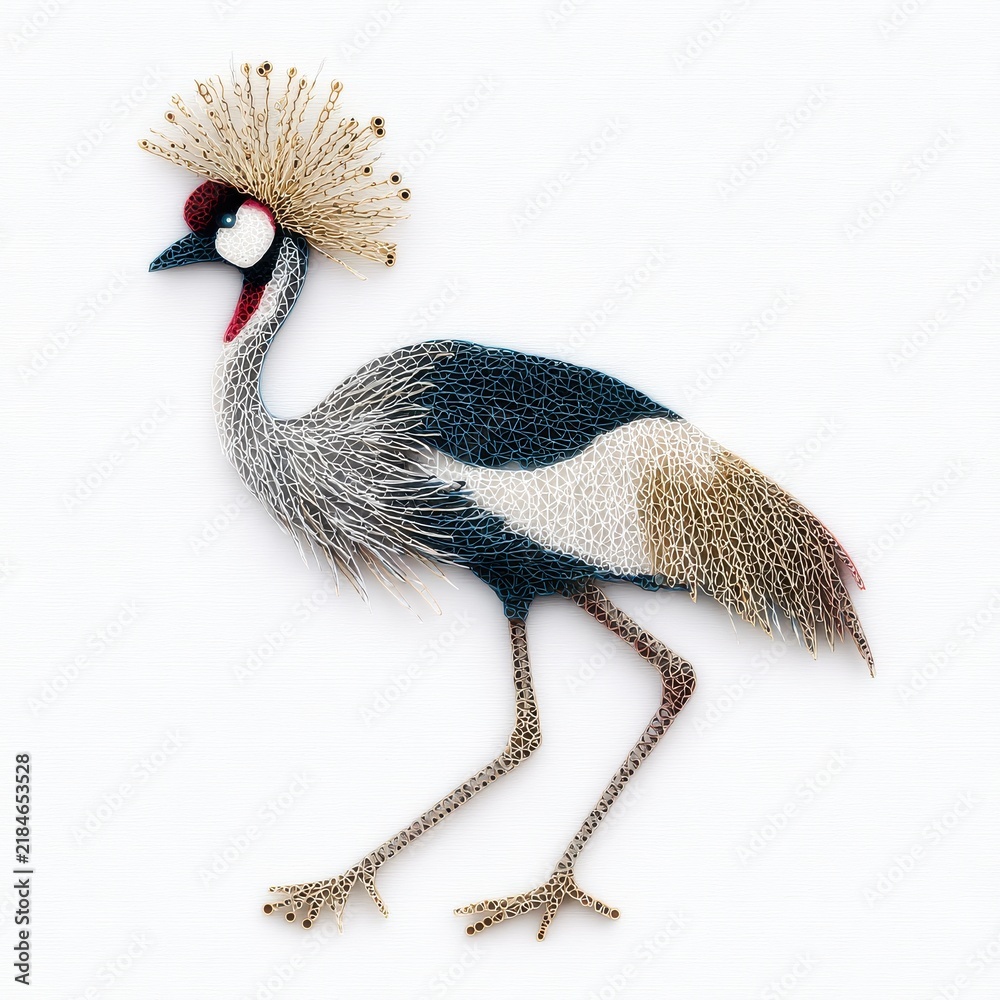 Obraz premium Glittering Grey Crowned Crane Illustration With Gold Crest On A Plain White Background