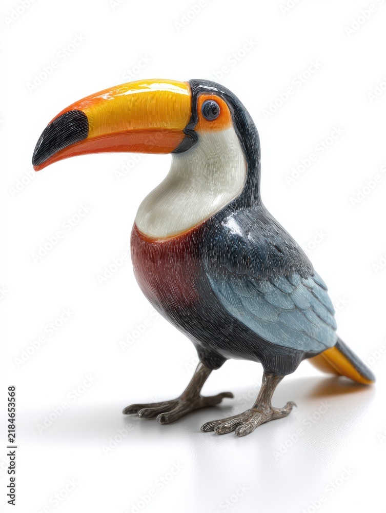 Obraz premium Glittering Toucan Figurine With Bright Orange Beak Isolated On A Clean White Studio Background