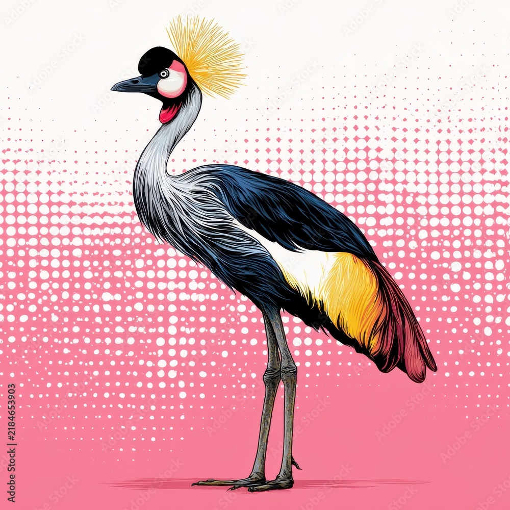 Obraz premium Graphic Illustration Of A Grey Crowned Crane With Spiky Yellow Crest Against A Pink Halftone Background