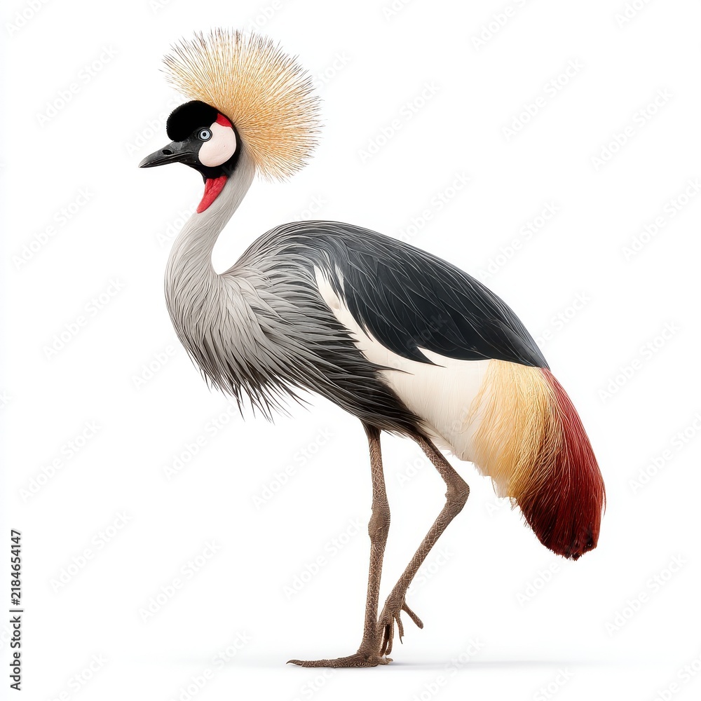 Fototapeta premium Grey Crowned Crane With Golden Crest Standing On White Background For Wildlife Nature Photography