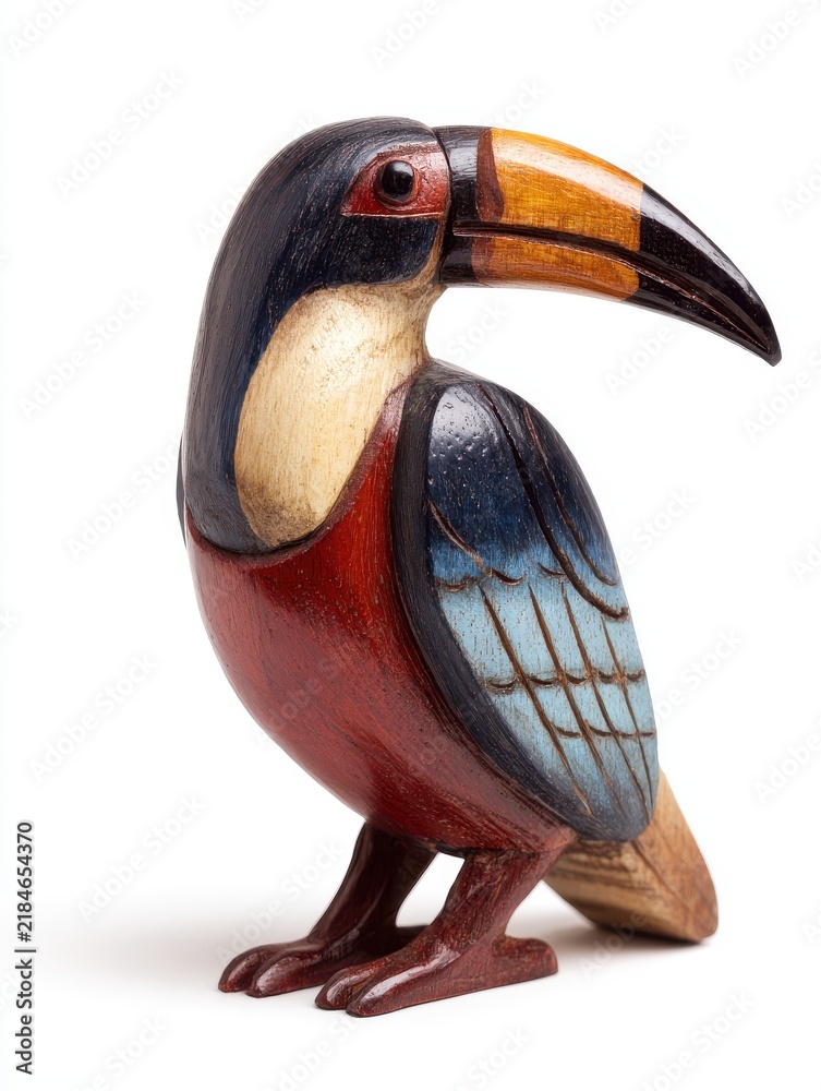 Obraz premium Hand Carved Wooden Toucan Sculpture Painted In Vivid Colors Isolated On A White Background