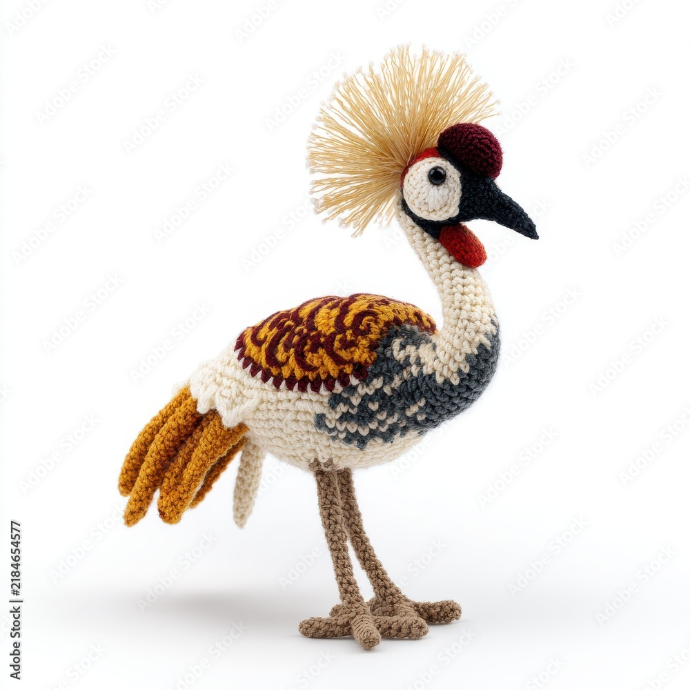 Obraz premium Handmade Crocheted Crowned Crane Toy On A Clean Isolated White Background