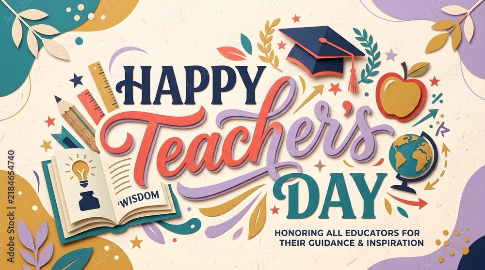 Obraz premium Floral ornament with school supplies and celebratory text announces happy teacher s day in a colorful vector illustration teachersday teachersday2026 education learning