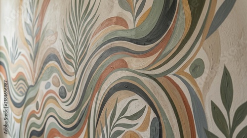 Abstract Botanical Mural with Organic Shapes and Earthy Tones