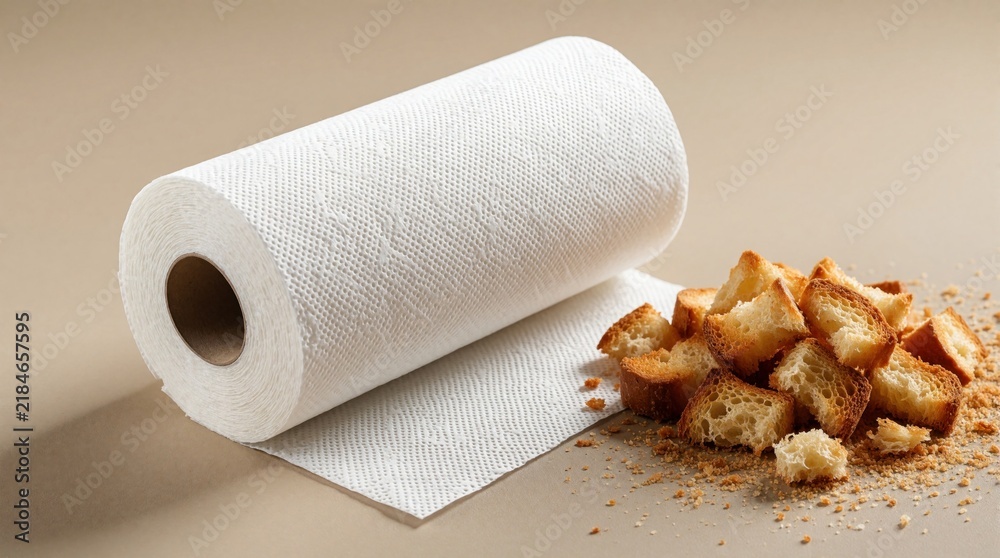 Fototapeta premium White paper towel roll rests near pile of golden brown toasted bread pieces and crumbs on neutral beige surface. Kitchen cleanup preparation, food preparation aid.