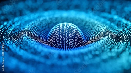 Blue spherical structure with binary code surrounded by glowing dots on dark background
