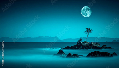 Dark cyan night landscape featuring a solitary tree on a rocky outcrop in the sea under a glowing full moon and misty water for serene banners and fantasy design.