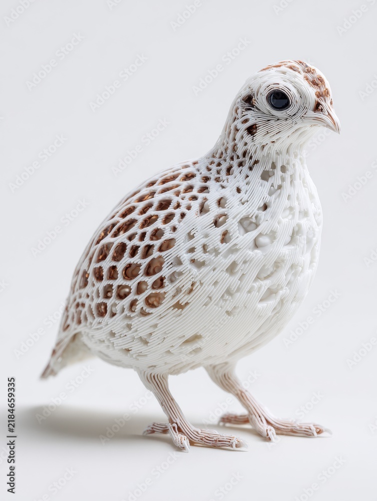 Obraz premium Intricate 3D Printed Quail Figurine With White And Bronze Geometric Pattern Against Clean Backdrop