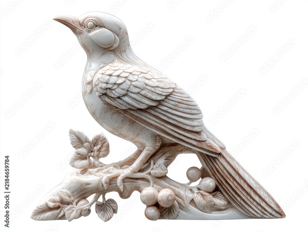 Fototapeta premium Intricate Carved Bone Bird Ornament Perched On A Decorative Branch With Berries On White Background