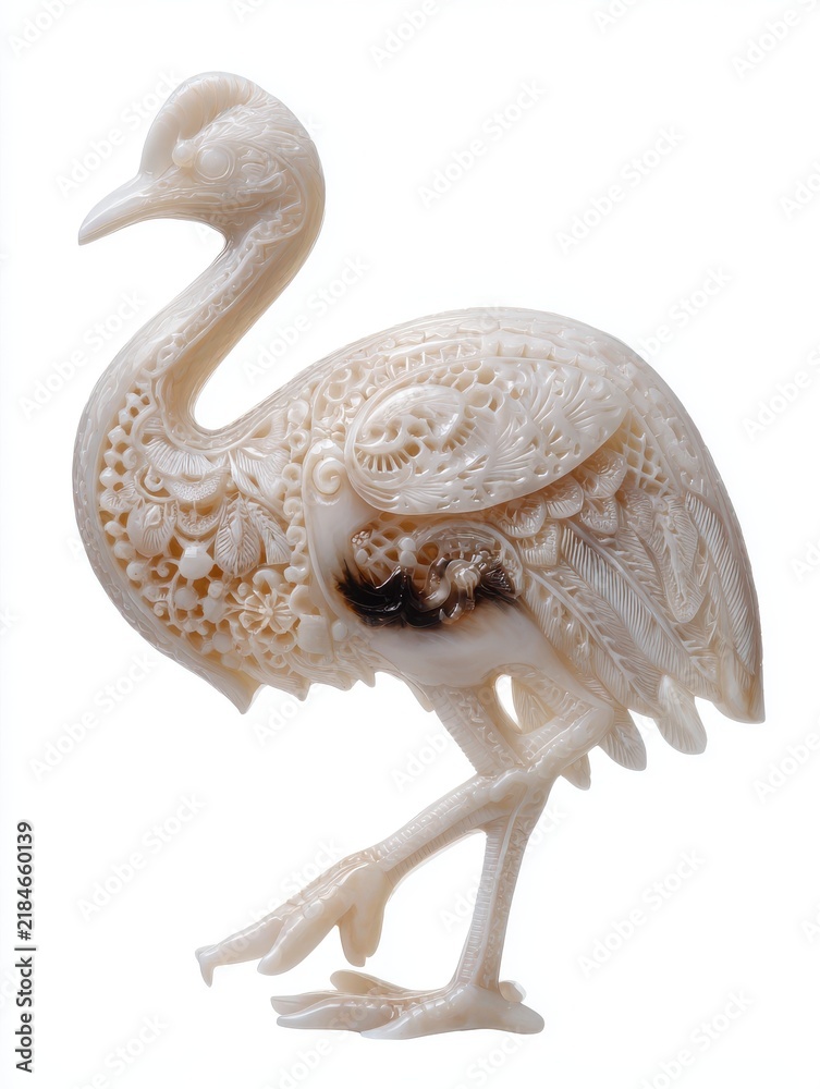 Fototapeta premium Intricate Carved Ivory Crane Figurine Featuring Detailed Filigree Patterns Isolated On White Background