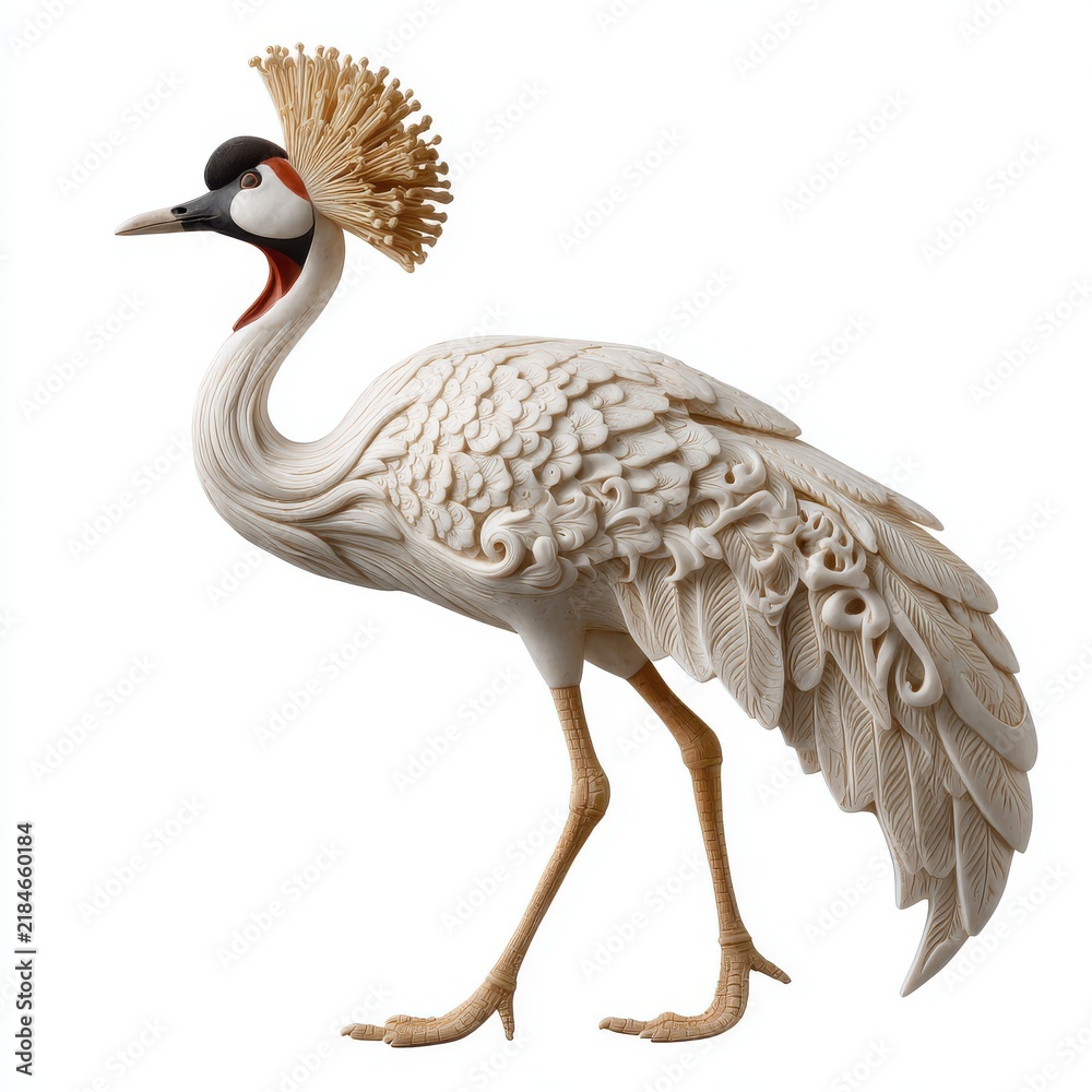 Obraz premium Intricate Carved Ivory Sculpture Of A Grey Crowned Crane Standing On A Plain White Background