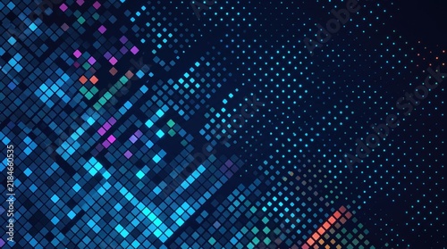 Futuristic digital pixel background, blue geometric mosaic pattern, abstract technology data visualization for web banners