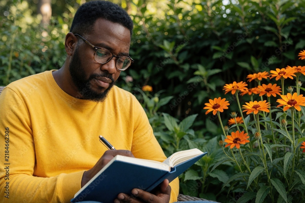 Obraz premium Young Black man writes in notebook sitting in garden. Adult male wearing glasses, yellow sweater practices mindfulness, journaling. Person records daily thoughts gratitude list among orange flowers