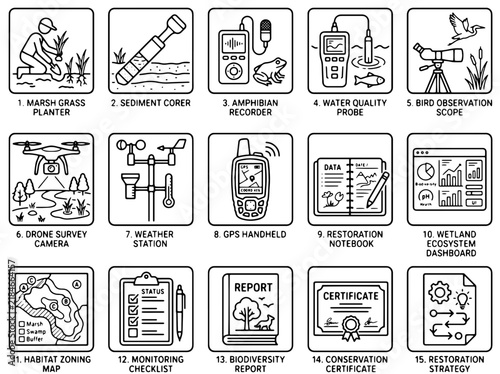 Wetland restoration icons set, 15 environmental conservation line symbols, ecosystem monitoring and habitat survey vector graphics