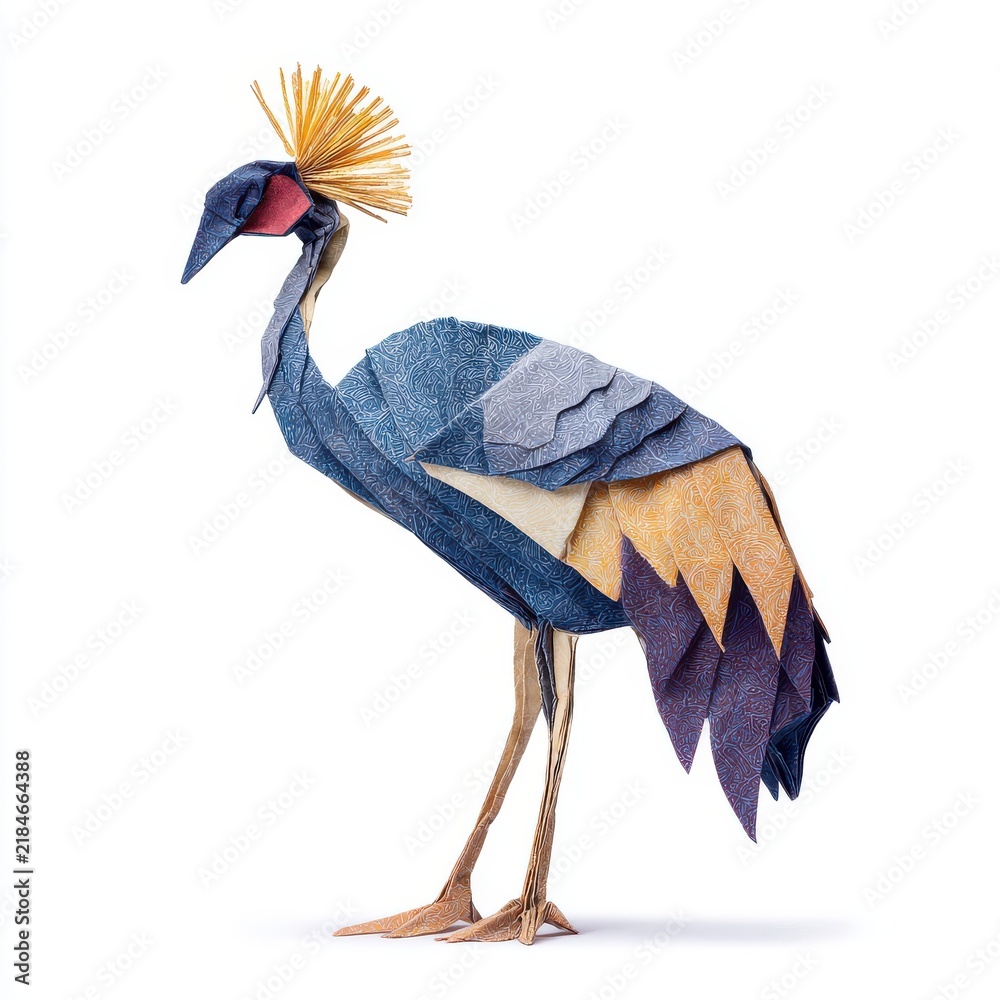 Obraz premium Intricate Paper Origami Grey Crowned Crane With Yellow Crest On A Clean White Studio Background