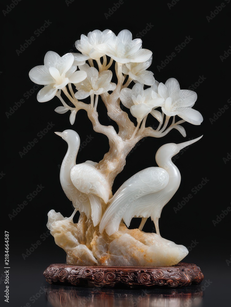 Fototapeta premium Intricate White Jade Carving Of Two Cranes Perched Under A Flowering Tree On A Black Background