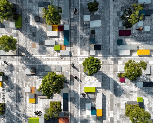 view aerial Stock Top view aerial shot of a modern urban square with geometric stone paving, colorful modular benches, and green trees casting long shadows shot modern professional marketing use