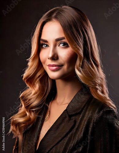 Beautiful young woman with wavy hair portrait in studio.