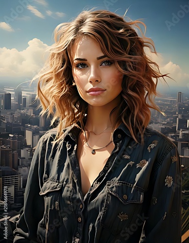 Beautiful young woman with wavy hair portrait against city skyline.