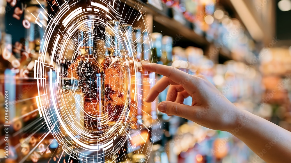 Obraz premium Hand interacting with a glowing circular digital hologram in a grocery store 