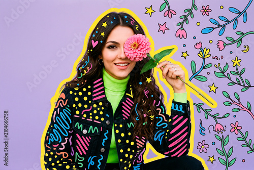 Playful Young Woman Holding Pink Flower Over Her Eye with Colorful Hand-Drawn Doodle Patterns, Creative Pop Art Fashion Portrait
