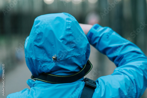 Back view of a traveler wearing a bright blue waterproof jacket with a hood and a camera strap, exploring the natural landscape in Arashiyama, Kyoto, Japan.