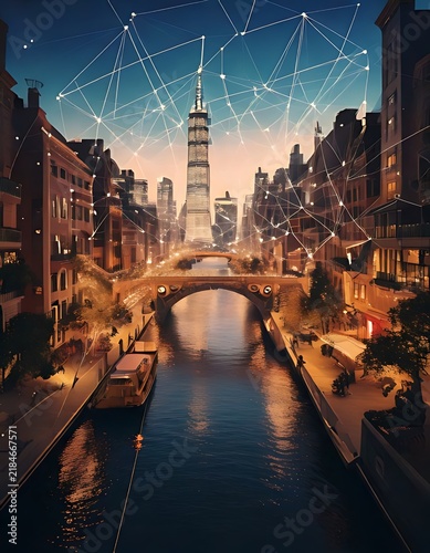 Futuristic digital city with canal and skyscraper at twilight.