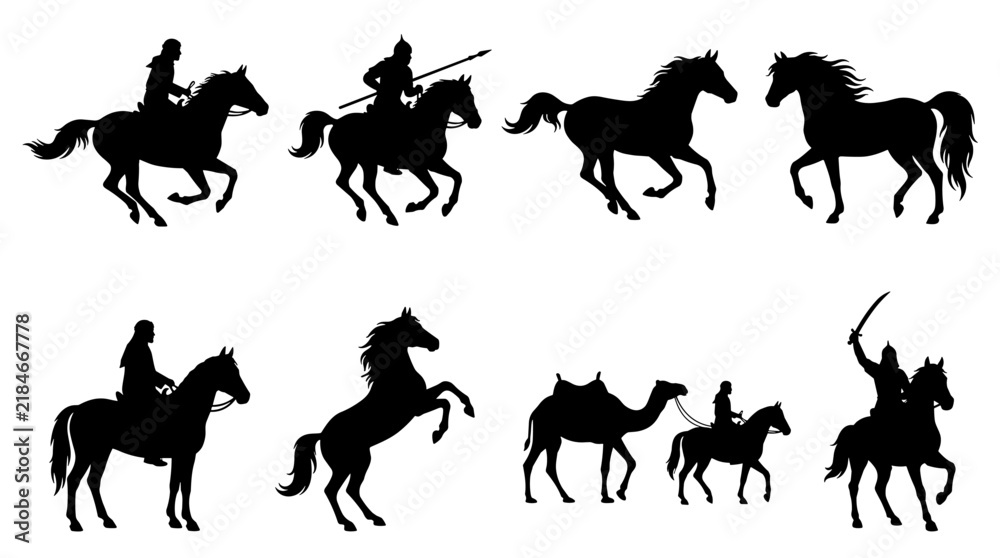 Fototapeta premium Set of black horse and rider silhouettes in various dynamic poses for equestrian design, heraldry elements, historical reenactment, animal tracking