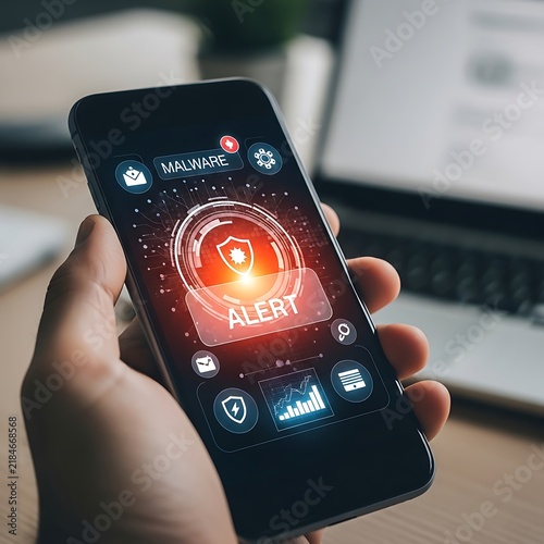 Hand holding a smartphone displaying a security alert with shield icon