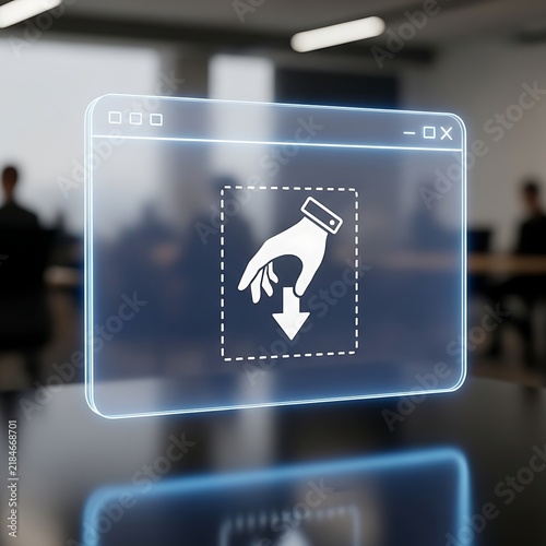 Transparent digital window interface with hand grabbing down arrow icon