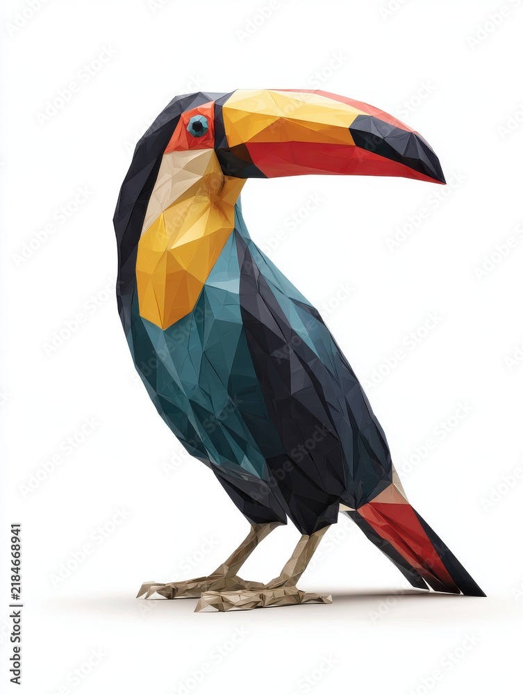 Fototapeta premium Low Poly Geometric Toucan Bird Illustration With Vibrant Colors And Sharp Faceted Surfaces On White