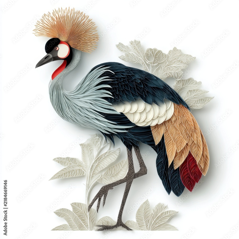 Obraz premium Majestic Grey Crowned Crane Bird Illustration With Gold Accents And Floral Elements On White Backdrop