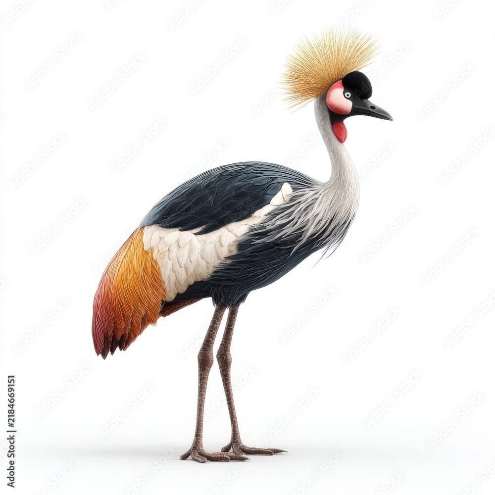 Fototapeta premium Majestic Grey Crowned Crane Standing In Profile With Vibrant Yellow Crest On Isolated White Background