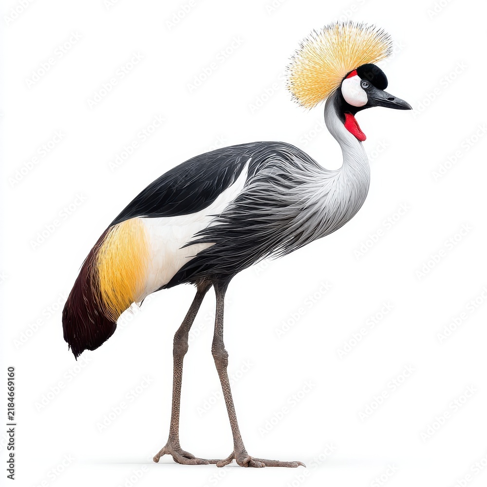 Fototapeta premium Majestic Grey Crowned Crane Standing Isolated Against A Clean White Background