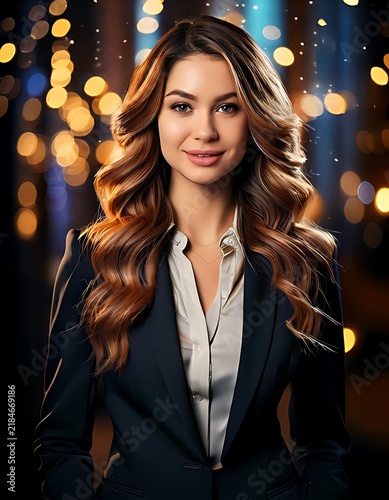 Professional Businesswoman with Long Wavy Hair and Formal Blazer.