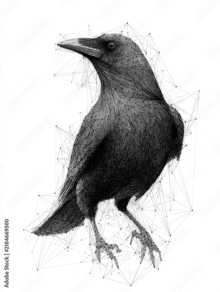 Obraz premium Minimalist Dotwork Stippling Illustration Of A Crow Against A Pure White Background