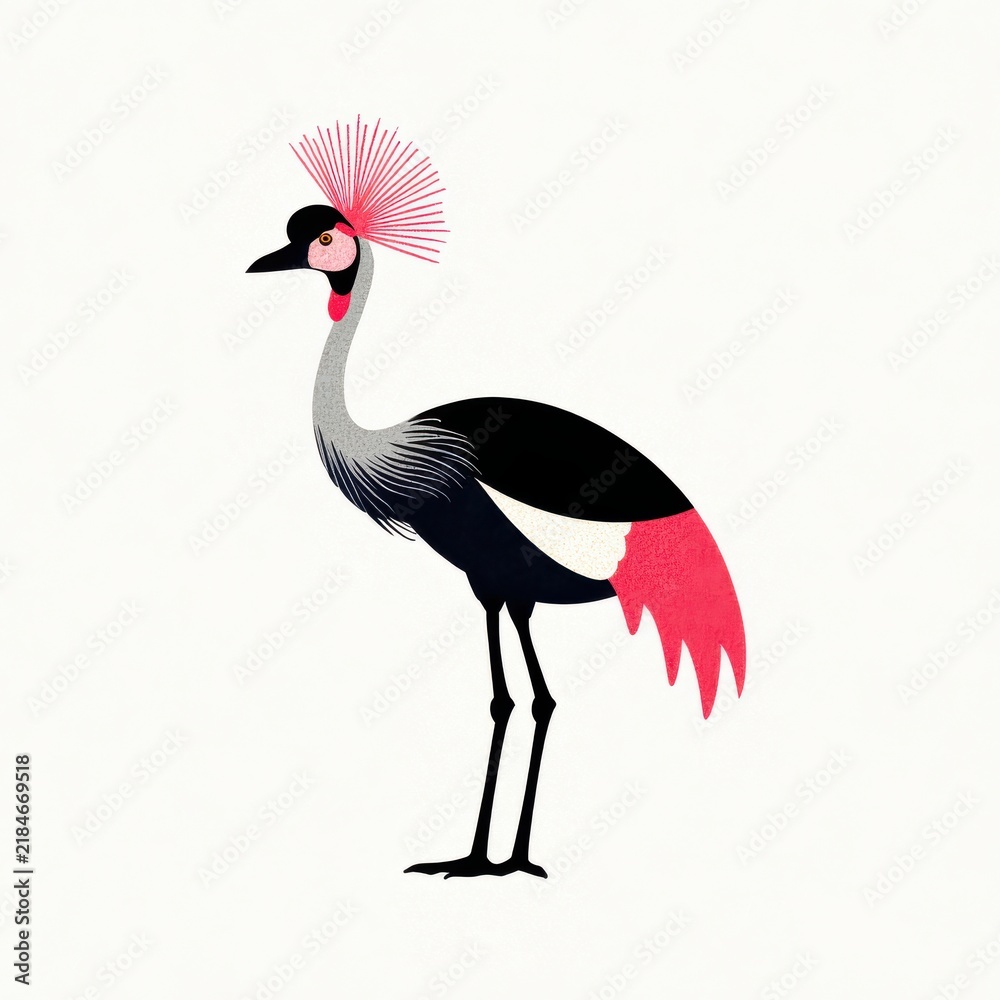 Obraz premium Minimalist Illustration Of A Grey Crowned Crane With Pink Feathers Isolated On White Background