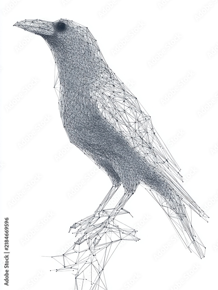 Obraz premium Minimalist Pointillism Illustration Of A Black Crow Perched On A Branch Against White Background