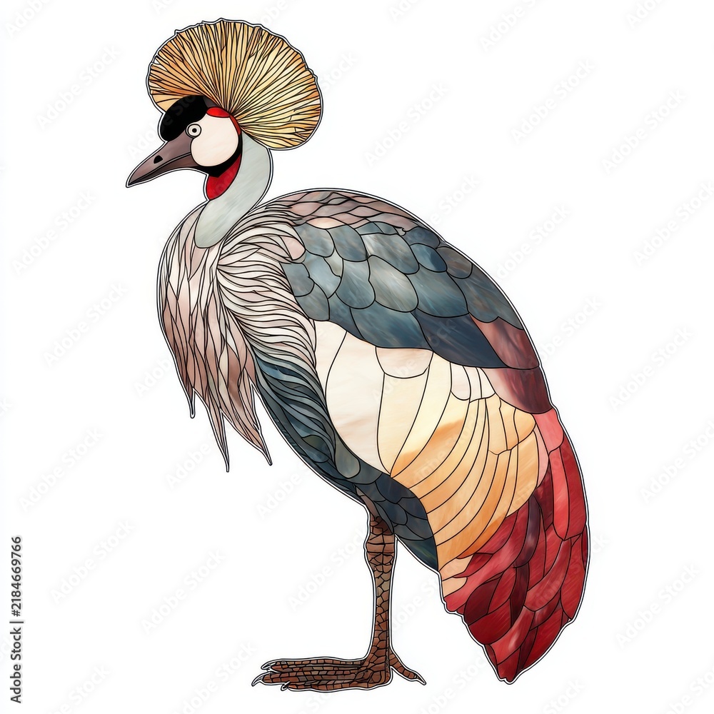 Obraz premium Mosaic Style Illustration Of A Grey Crowned Crane Standing Isolated On A White Background