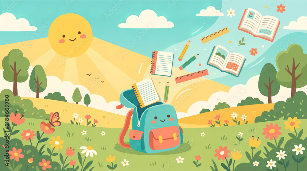 Naklejka premium School backpack with books and supplies flying in meadow