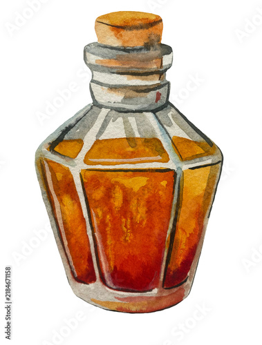 фотографія Hand-painted watercolor illustration of an orange magical potion in a glass bott