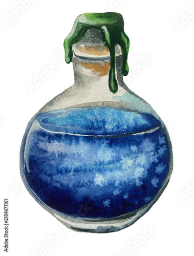 Canvastavla Hand-painted watercolor illustration of a blue magical potion in a round glass b