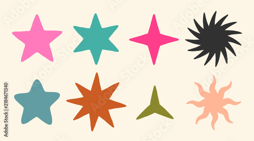 Collection of decorative stars and sun symbols in various colors