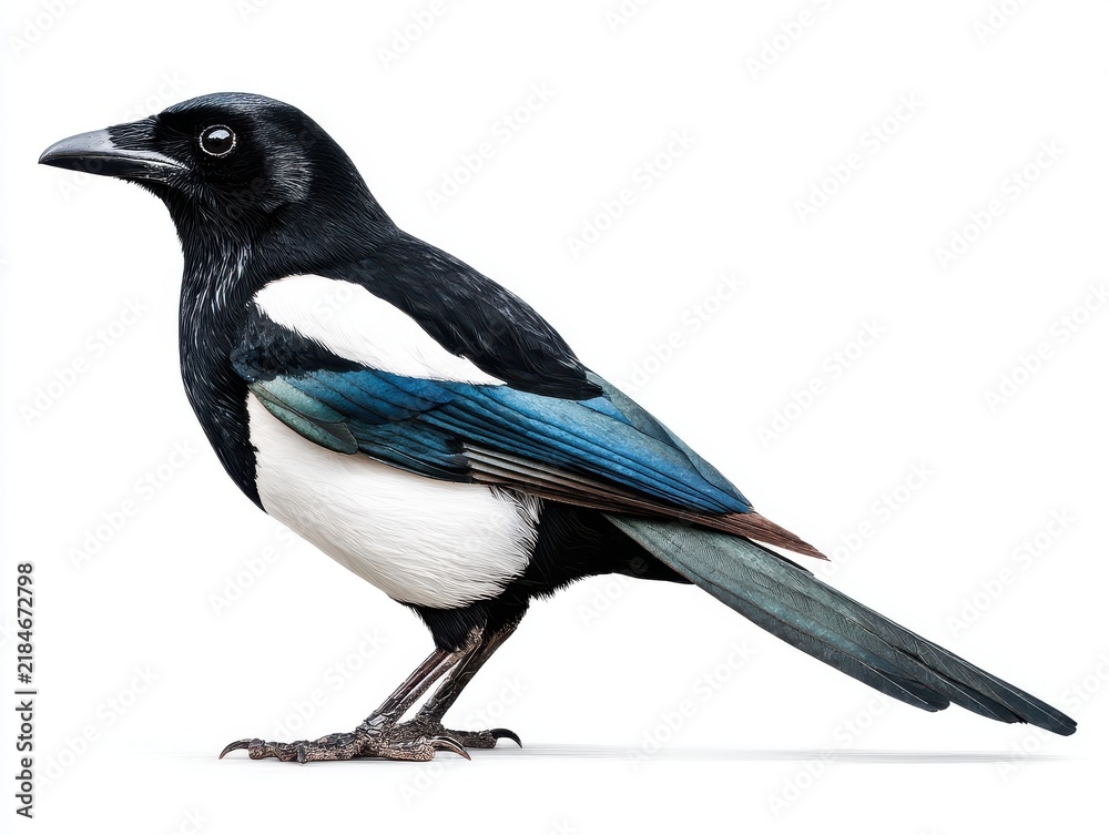 Fototapeta premium Side View Of An Eurasian Magpie Isolated On A Clean White Background With Shimmering Plumage